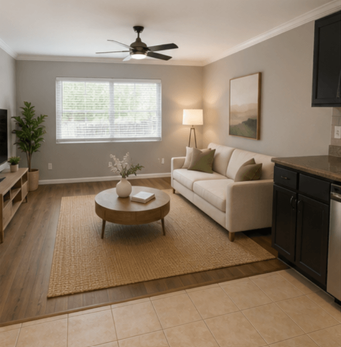 A living room with a white couch, a coffee table, and a ceiling fan.